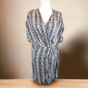BTFL-Life Women's Blue Snake Print Short Sleeve Wrap Dress Rayon Size L